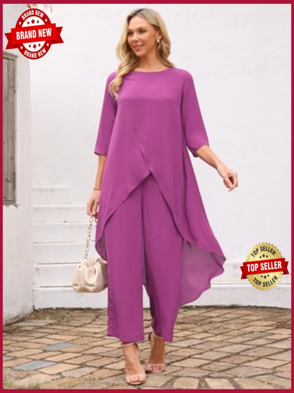 2 Piece Chiffon Pantsuit High Low Top Wide Leg Pants Set Formal Wedding Guest - Picture 3 of 7